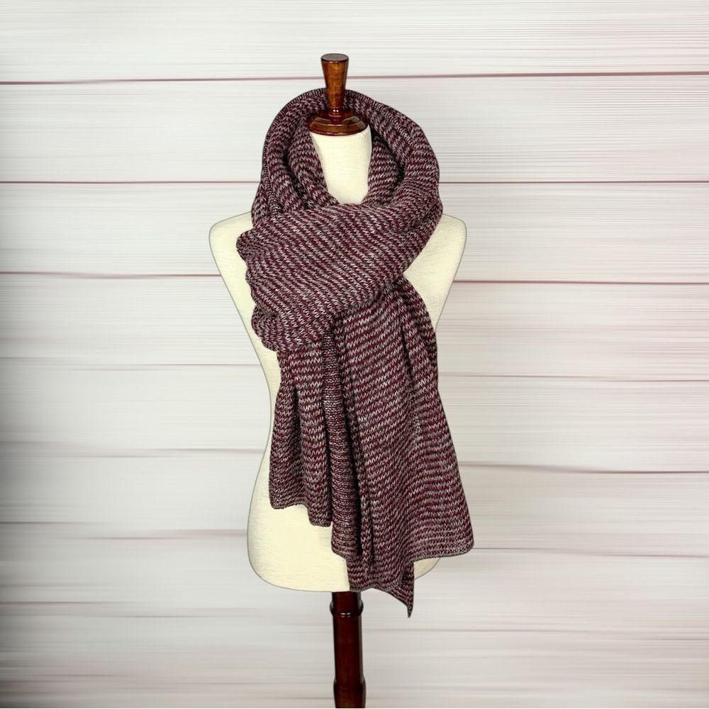 Extra Large Icelandic Wool Scarf Wrap Striped Burgundy Gray 90x19"
